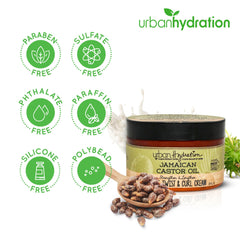 Urban Hydration Jamaican Castor Oil Curl Cream jar shows rich, creamy texture