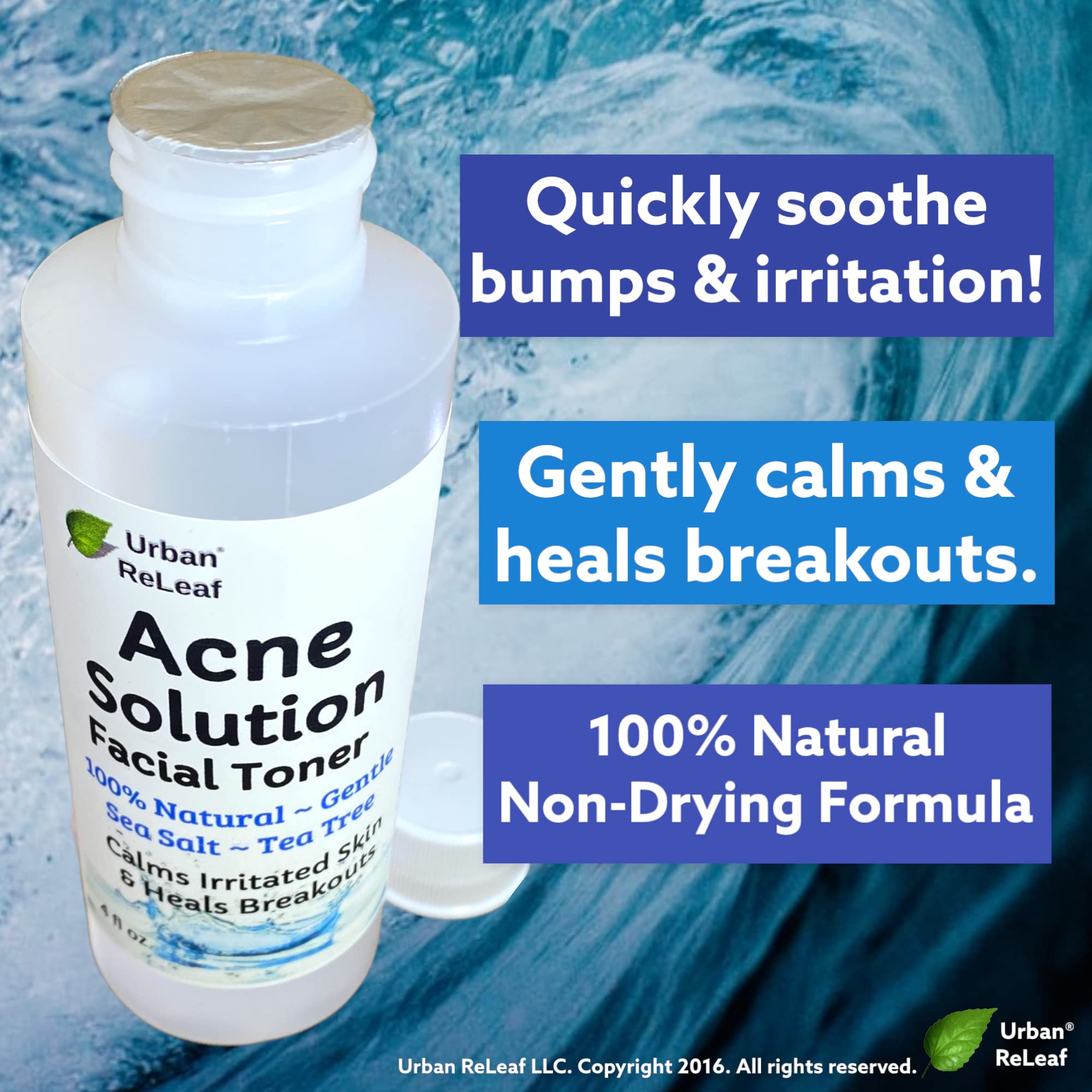 Urban ReLeaf Acne Solution Facial Toner ingredients panel highlights tea tree oil for gentle cleansing.