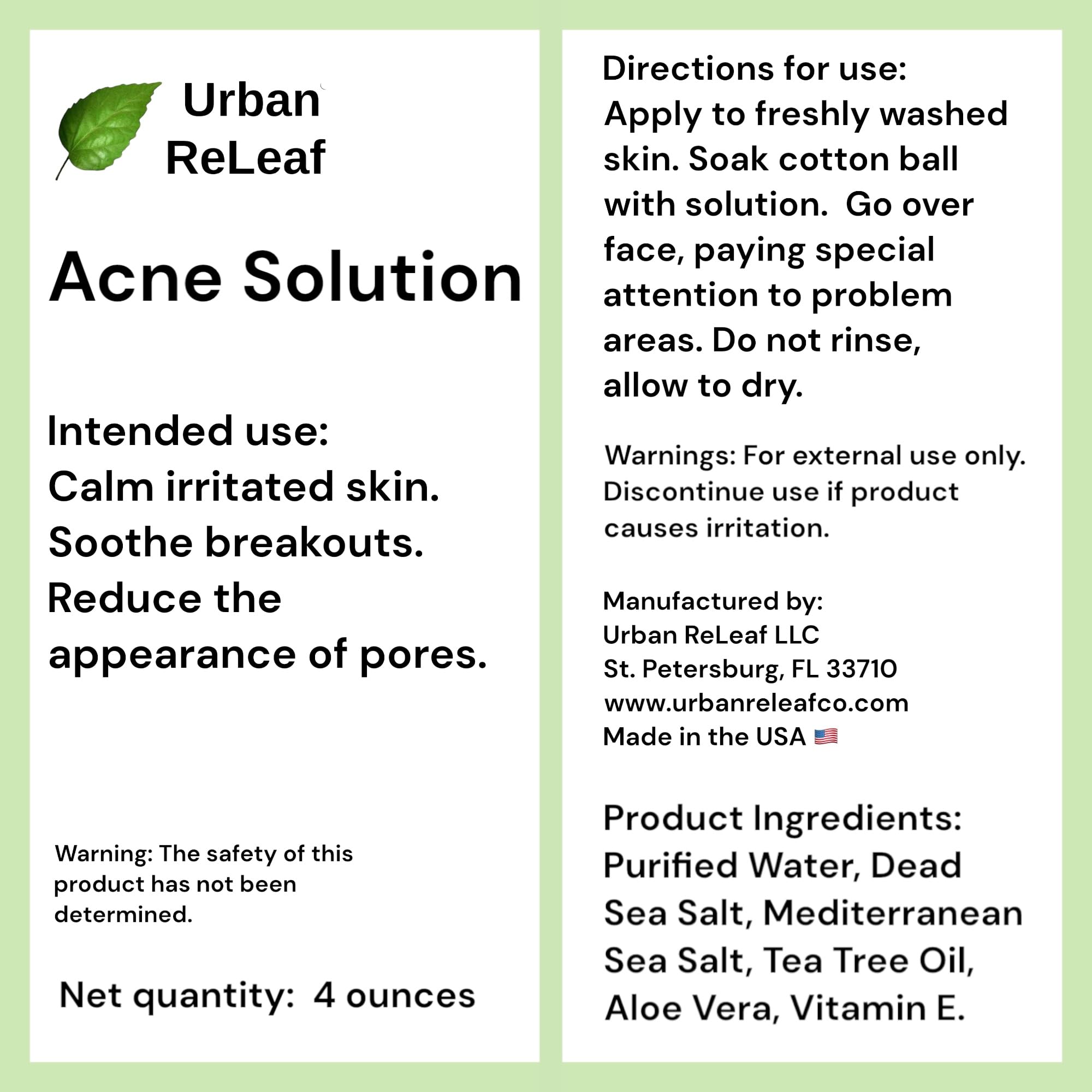Urban ReLeaf Acne Solution Facial Toner label closeup conveys natural, USA-made quality.