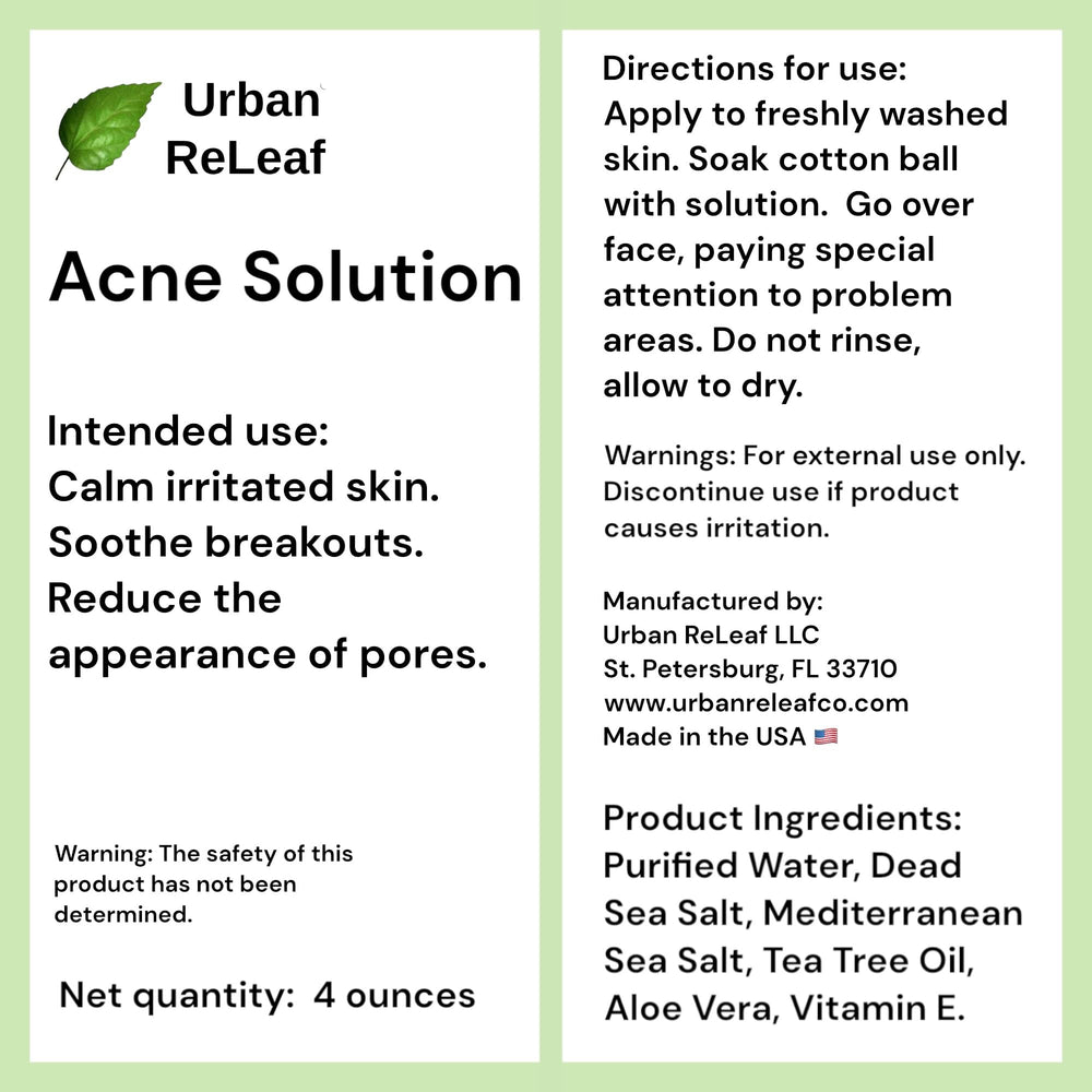 Urban ReLeaf Acne Solution Facial Toner label closeup conveys natural, USA-made quality.