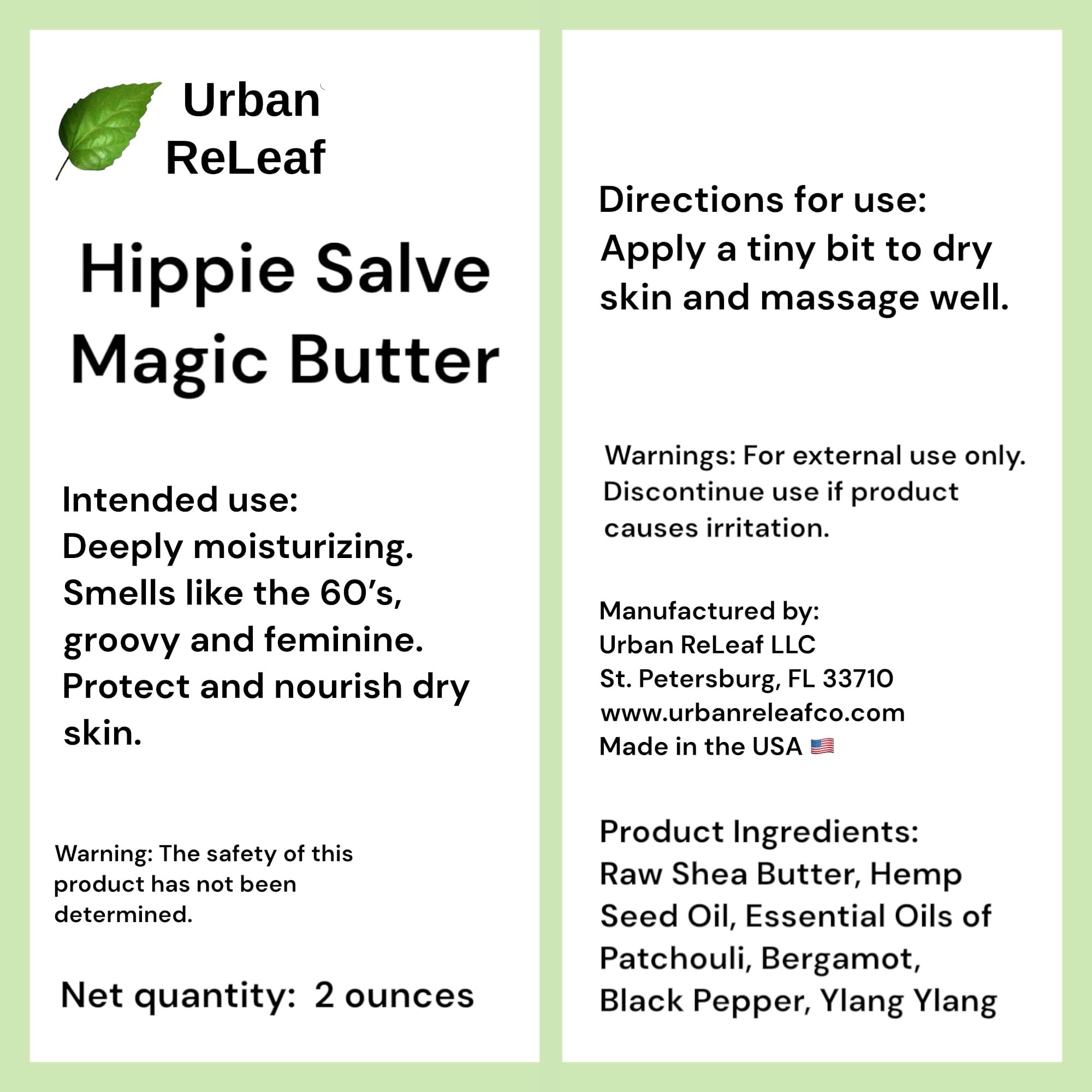 Urban ReLeaf Hippie Salve 2 oz jar highlights USA-made quality and craft