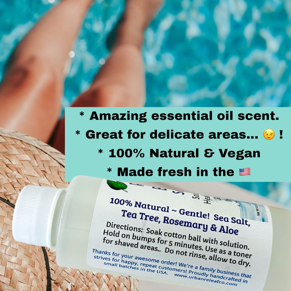Urban ReLeaf Razor Bump Solution toner usage in a calm bathroom setting