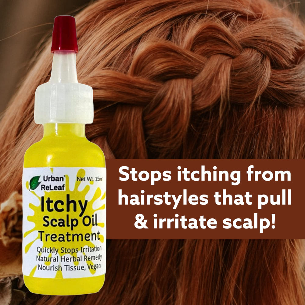 Urban ReLeaf Itchy Scalp Oil Treatment shown with protective styles like braids.