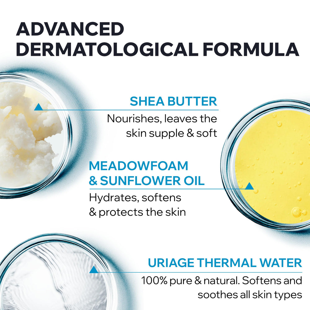 Front packaging of Uriage Cleansing Cream notes soap-free formula for sensitive skin.