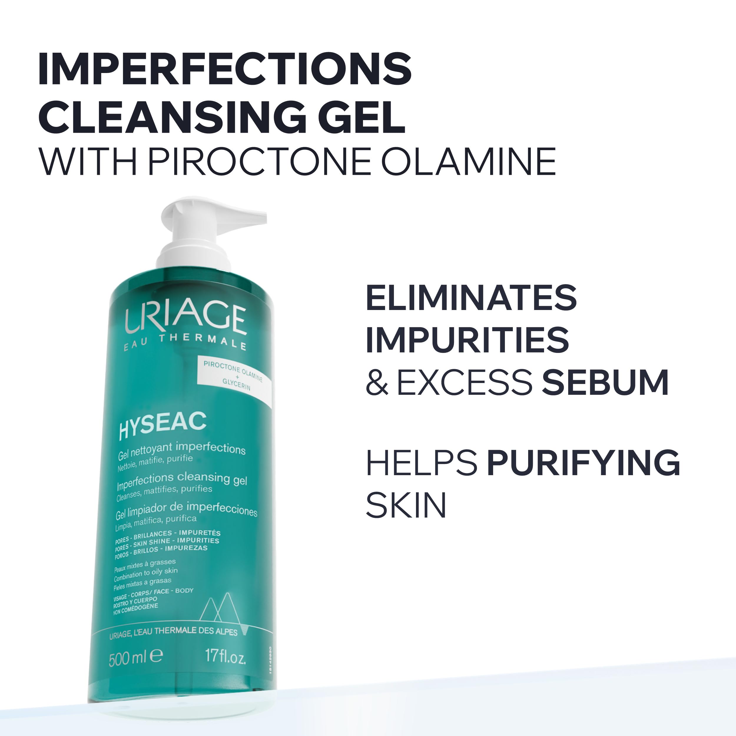Uriage Hyseac face-body cleanser in use to remove dirt and oil.