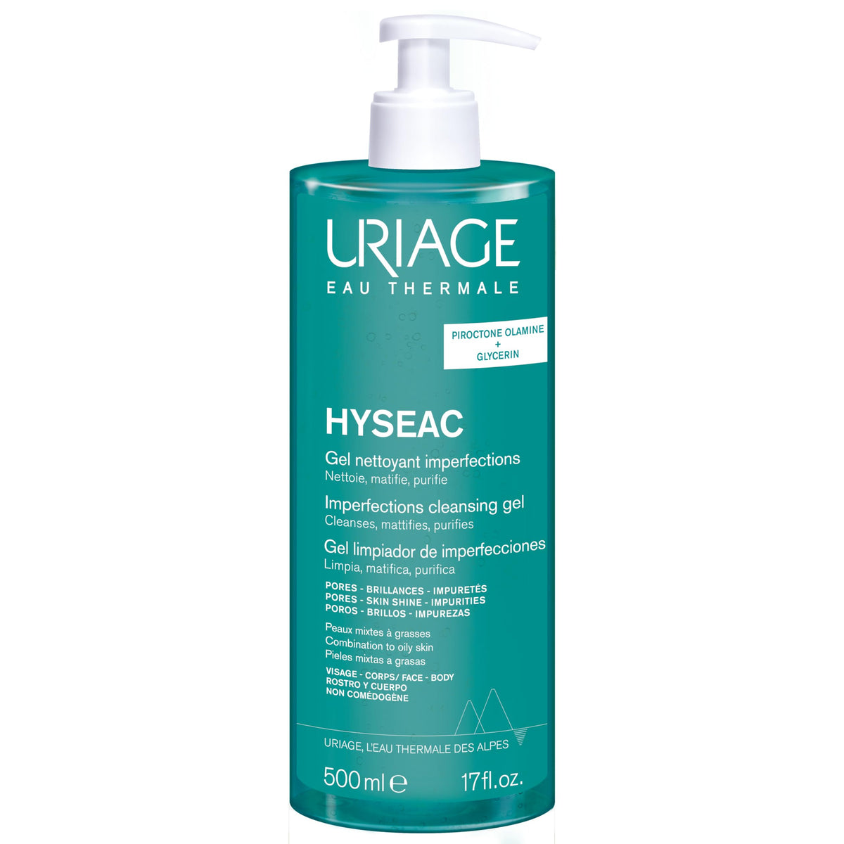 Uriage Hyseac cleansing gel bottle for daily purifying cleansing on oily skin.