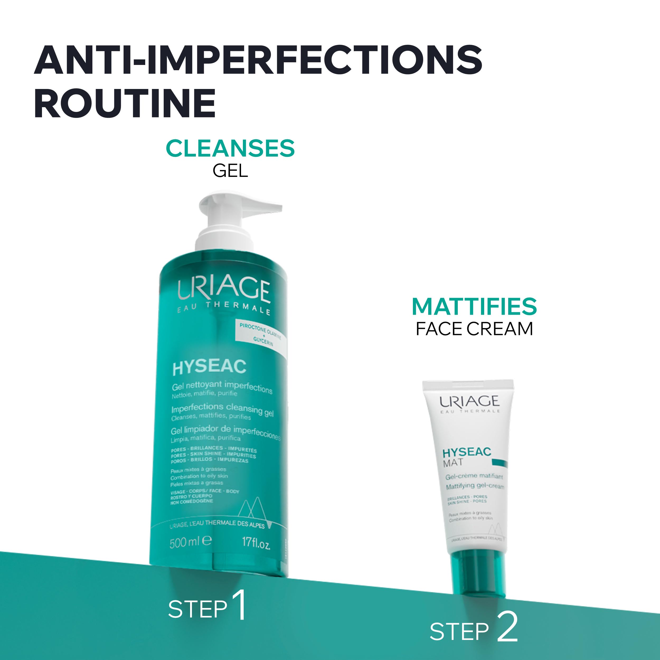 Uriage Thermal Water splash emphasizes soothing cleanse and skin comfort.