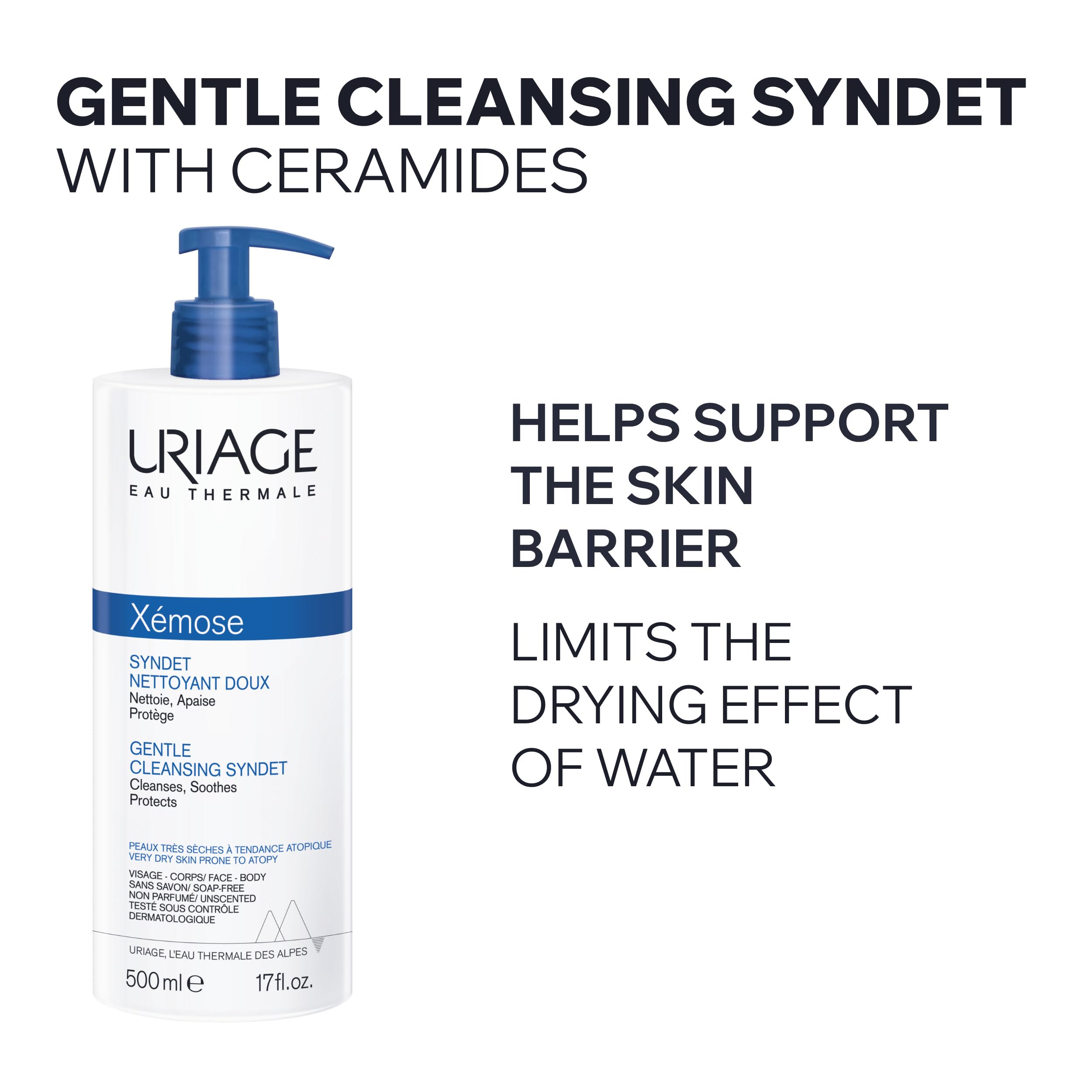 Uriage Xemose foam texture shows creamy gel-cream cleansing without drying.