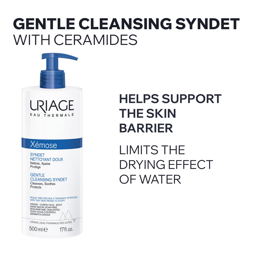 Uriage Xemose foam texture shows creamy gel-cream cleansing without drying.