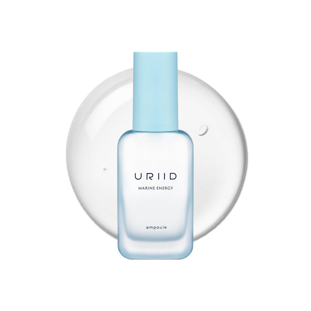URIID Marine Energy Ampoule Essence bottle close-up showing premium packaging and deep hydration.