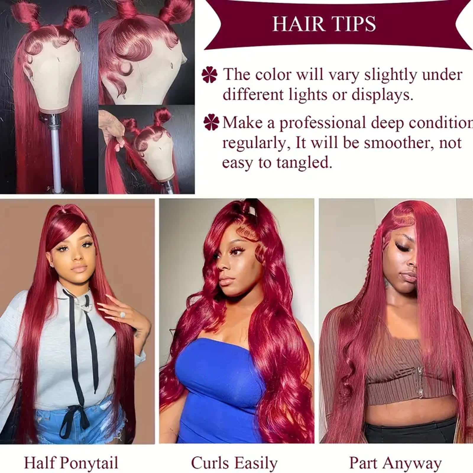 ULRICA Burgundy lace front on mannequin demonstrates secure fit and seamless blend