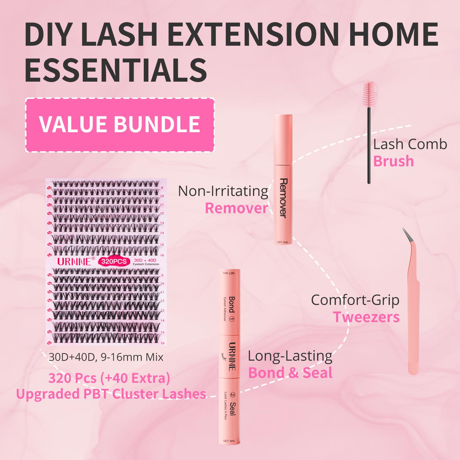 Close-up of URNNE 320pcs lash clusters delivering fluffy natural volume.