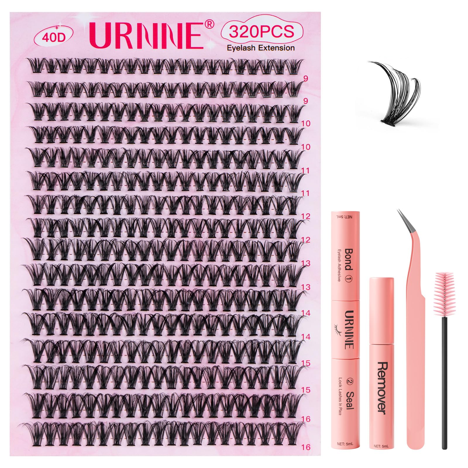 URNNE lash extension kit packaging shows a complete DIY set for professional lashes.