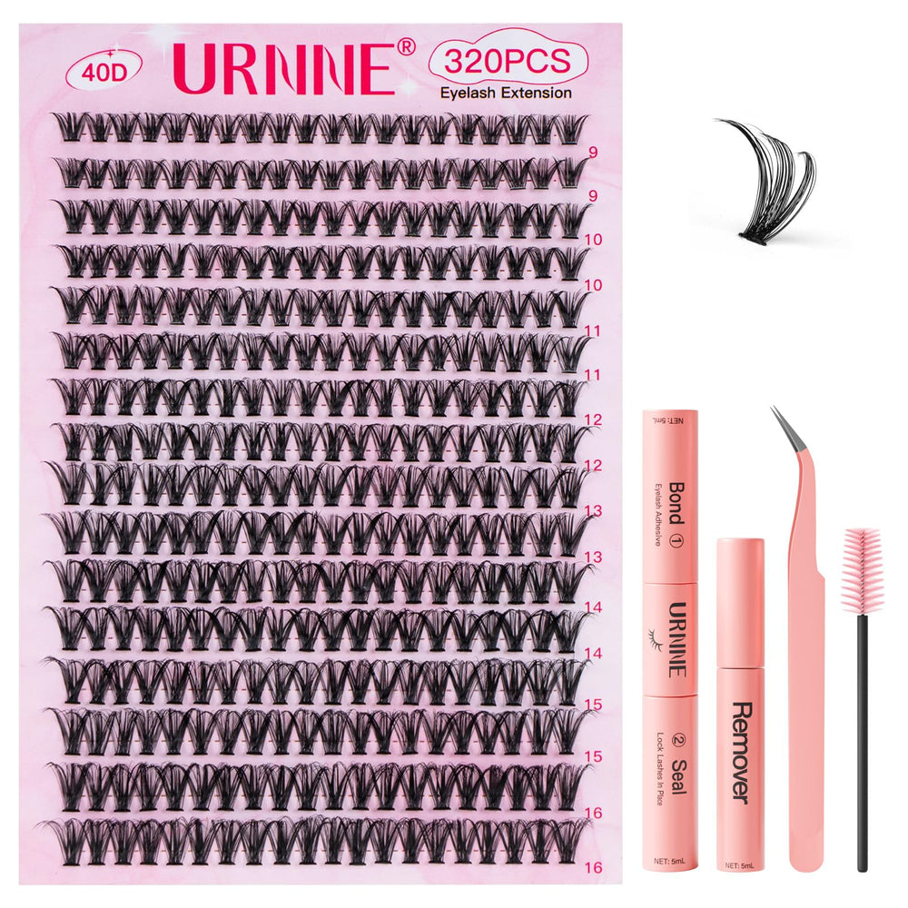 URNNE lash extension kit packaging shows a complete DIY set for professional lashes.