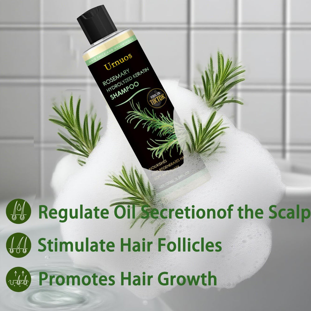 Urnuos Rosemary Biotin Shampoo foamy lather in sink, gentle cleanse for sensitive scalps