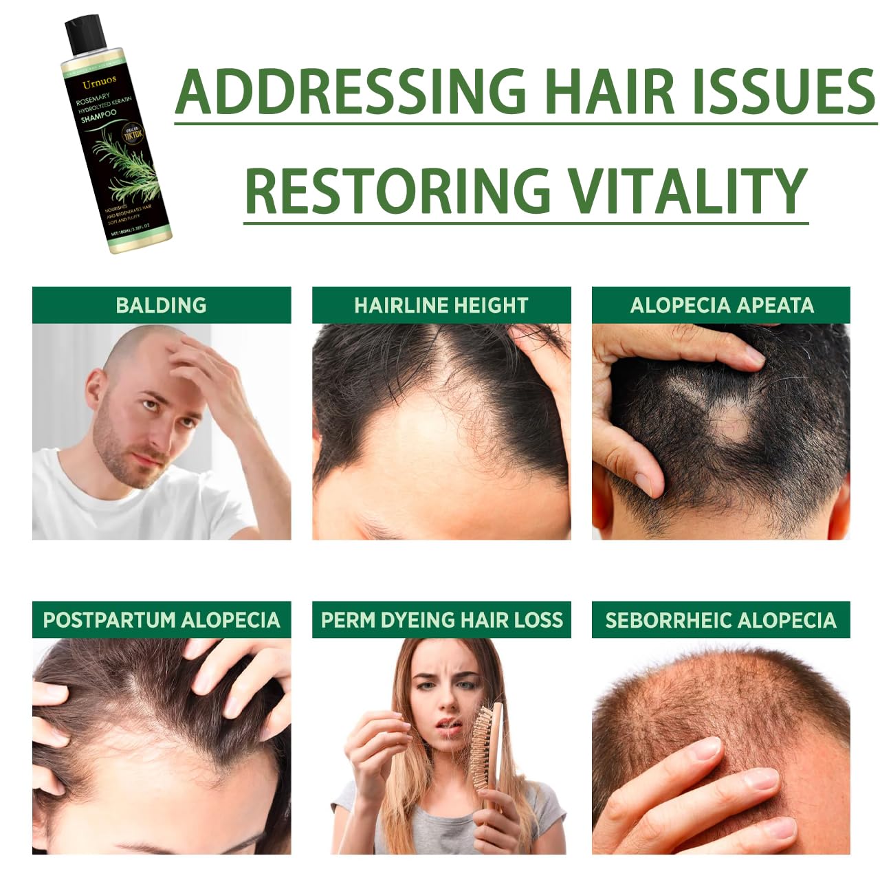 Urnuos Rosemary Biotin Shampoo Keratin-Hydrolyzed label emphasizing strengthened hair fibers