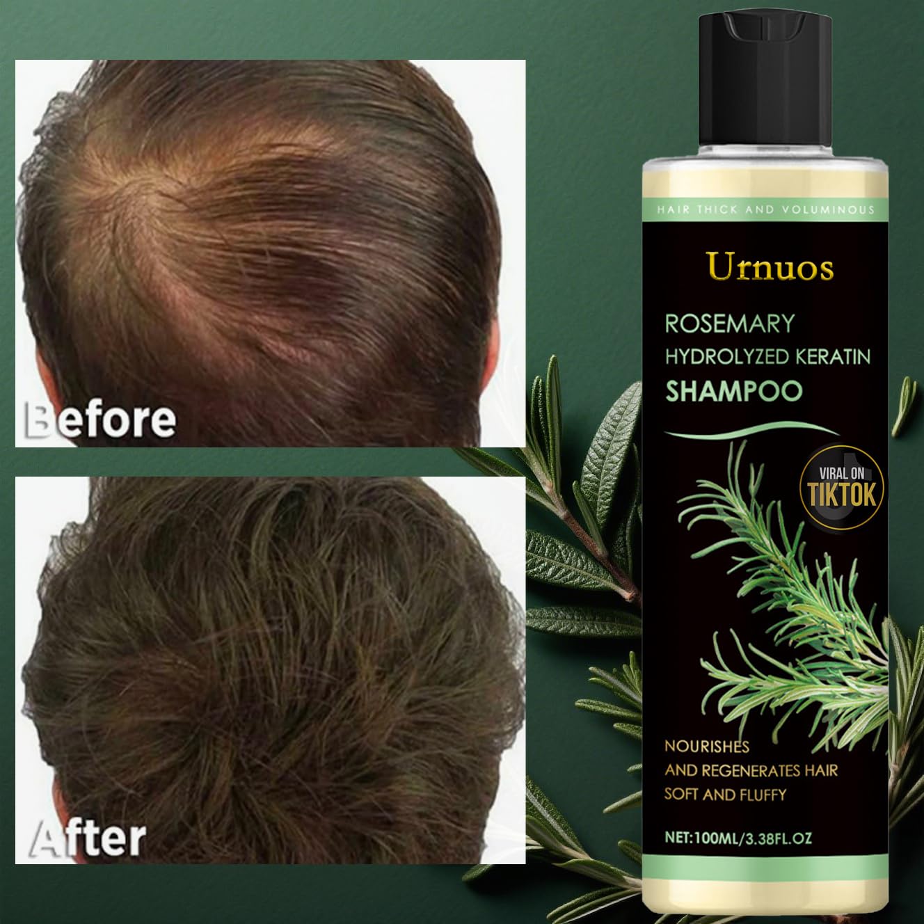 Urnuos Rosemary Biotin Shampoo label close-up highlighting keratin-infused strength for stronger hair