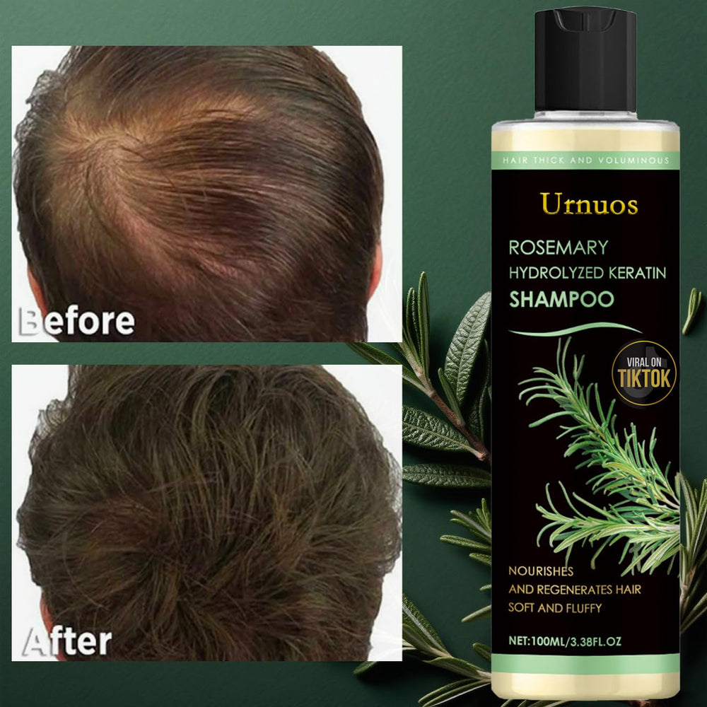 Urnuos Rosemary Biotin Shampoo label close-up highlighting keratin-infused strength for stronger hair