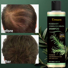Urnuos Rosemary Biotin Shampoo label close-up highlighting keratin-infused strength for stronger hair