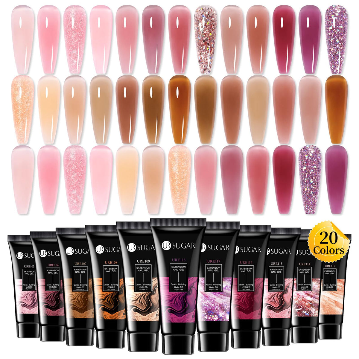 UR SUGAR jelly nude pink brown collection with 20 colors for versatile nail art.