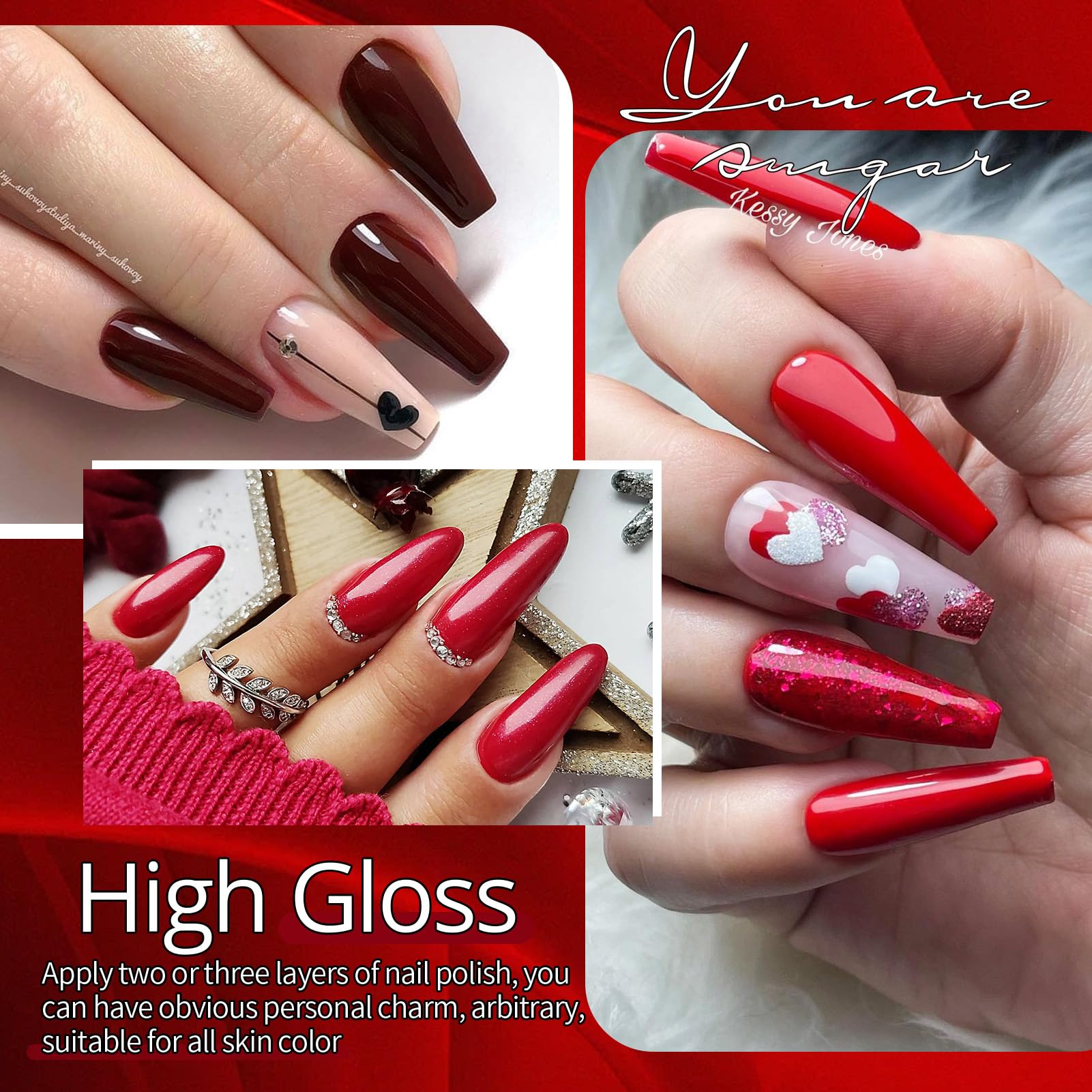 UR SUGAR six red gel polishes in displayed bottles for color choice.