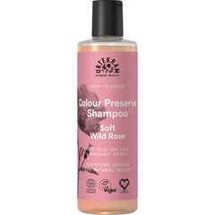 Urtekram Colour Preserve Wild Rose bottle shows color protection for vibrant hair.