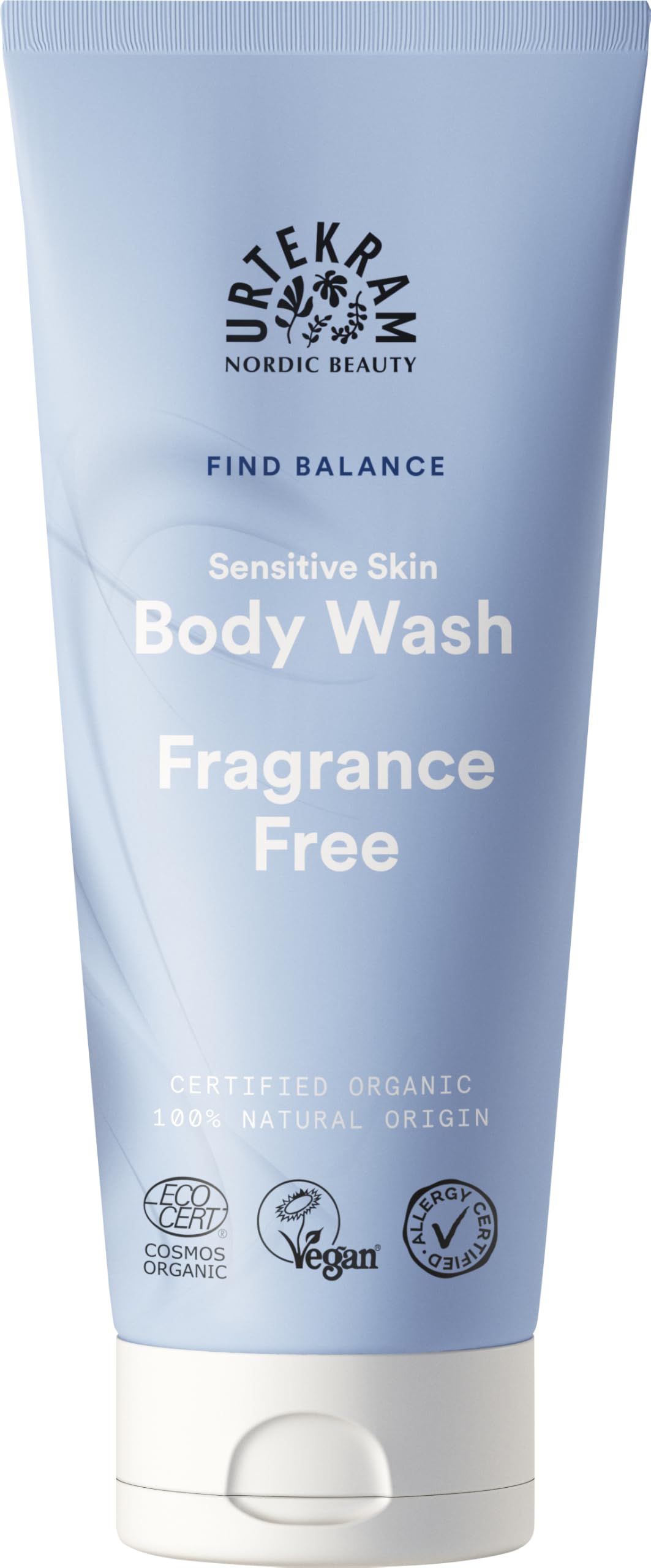Urtekram No Perfume Shower Gel bottle front view, gentle plant-based cleanser for all ages.