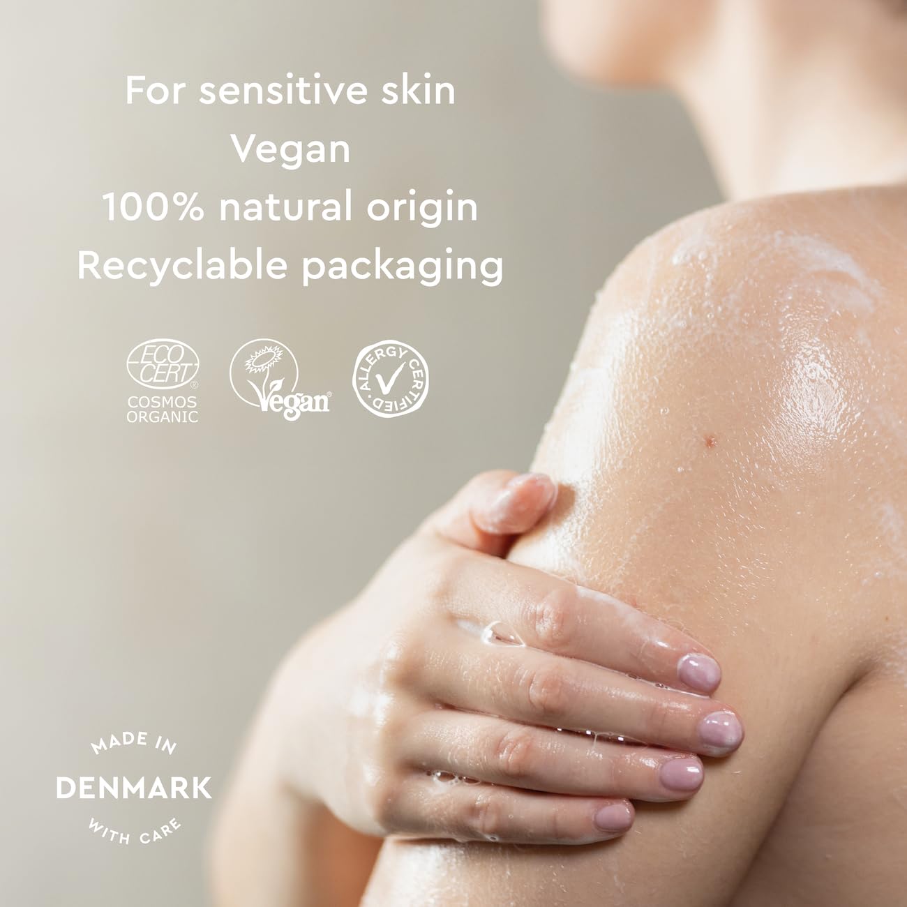 Urtekram No Perfume Shower Gel in use, soft bubbles for gentle cleansing.