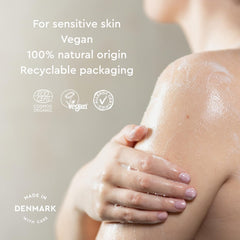 Urtekram No Perfume Shower Gel in use, soft bubbles for gentle cleansing.