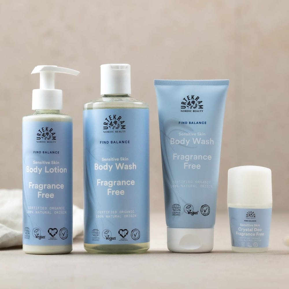 Urtekram No Perfume Shower Gel ingredients panel, aloe vera and glycerine care.