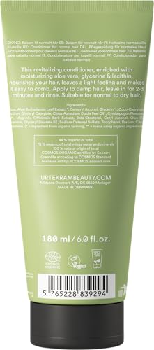 Urtekram Aloe Vera Conditioner label highlighting Ecocert Cosmos Organic certification.