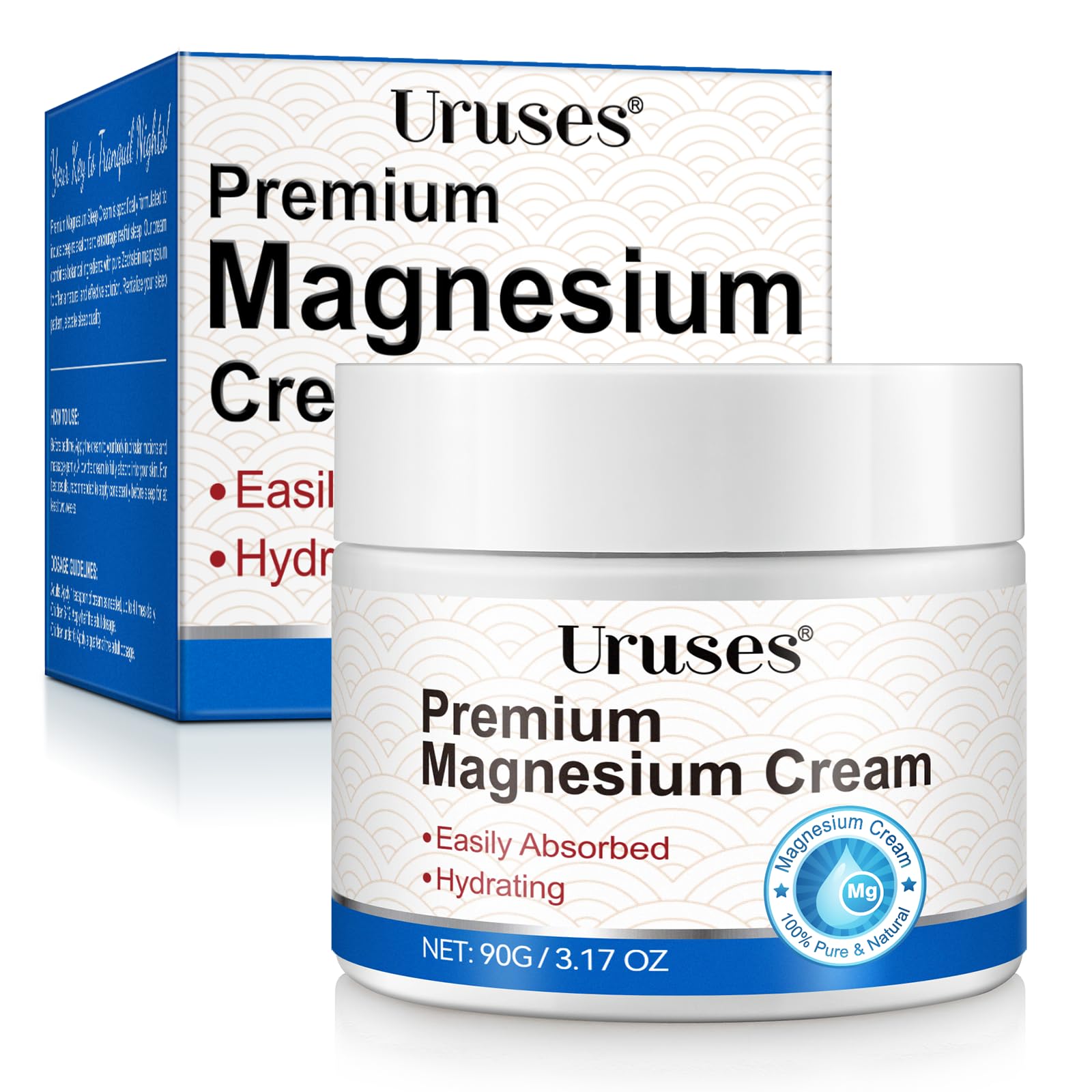Uruses Magnesium Cream close-up shows almond oil blend for deep skin hydration.