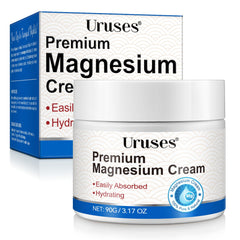 Uruses Magnesium Cream close-up shows almond oil blend for deep skin hydration.
