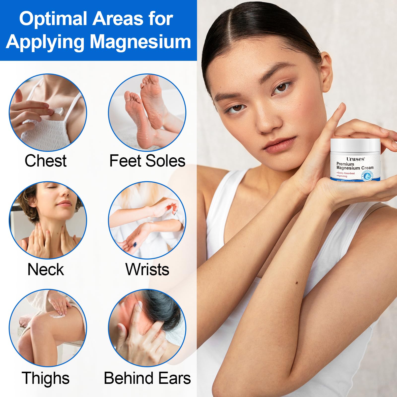 Uruses Magnesium Cream applied on neck and shoulders for targeted care.