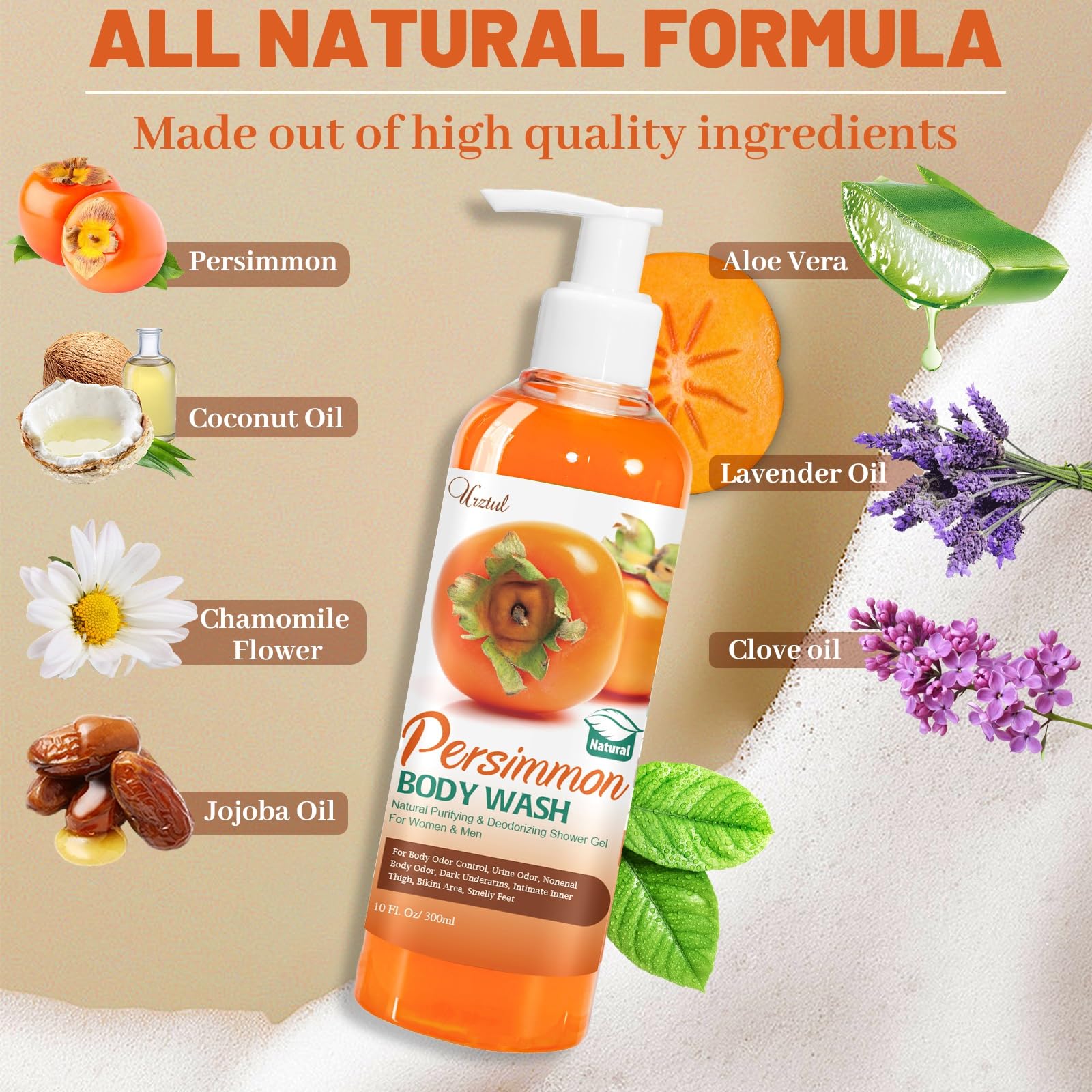 URZTUL Persimmon Body Wash foam closeup suggests refreshing cleanliness and odor control.