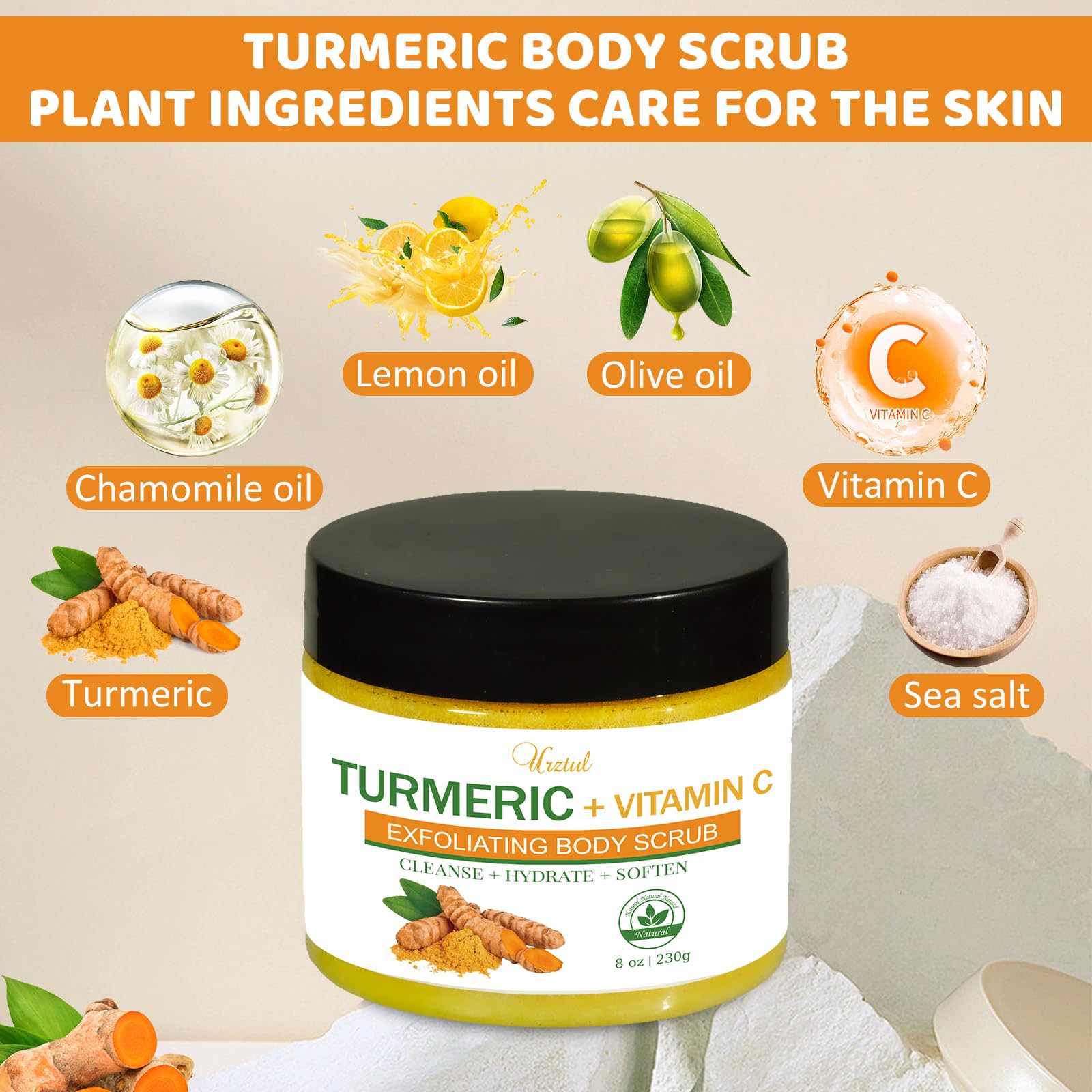 URZTUL Turmeric Oil bottle highlighting hydration and antioxidant blend