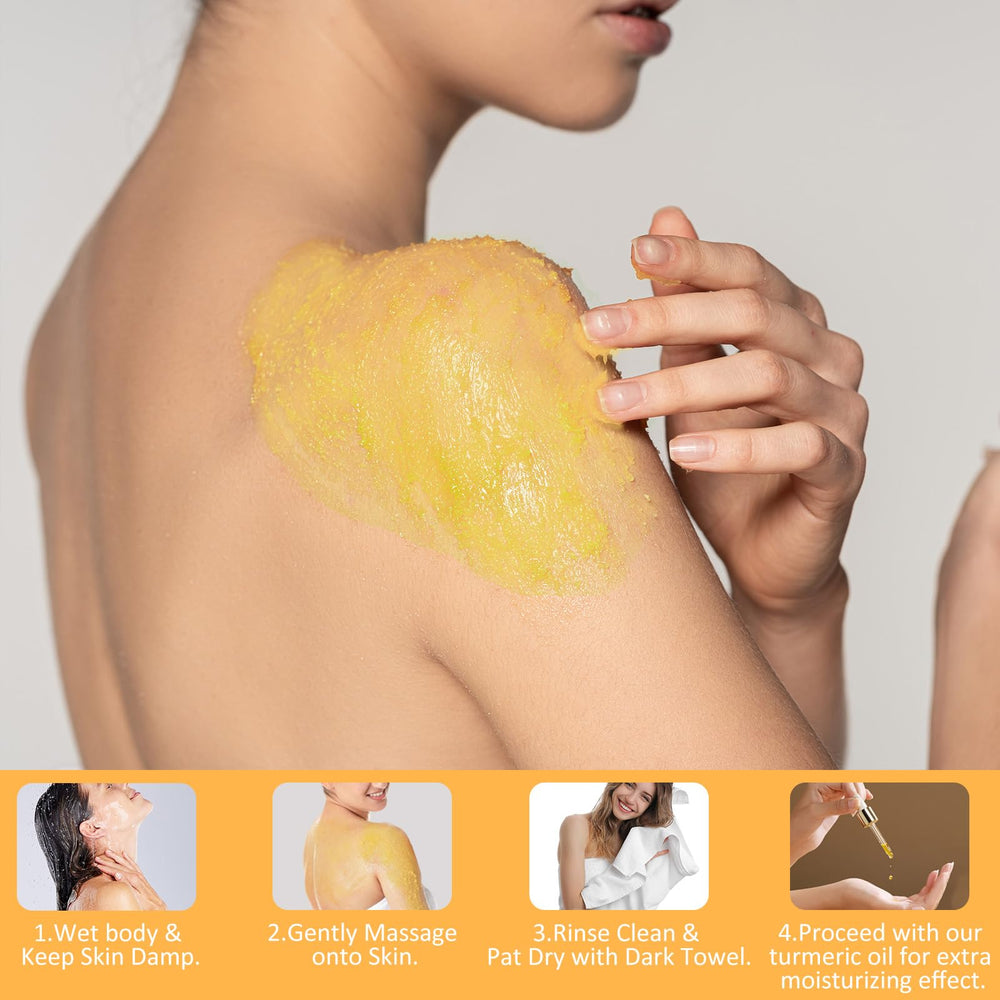 URZTUL Turmeric Scrub being applied to the arm for full-body use