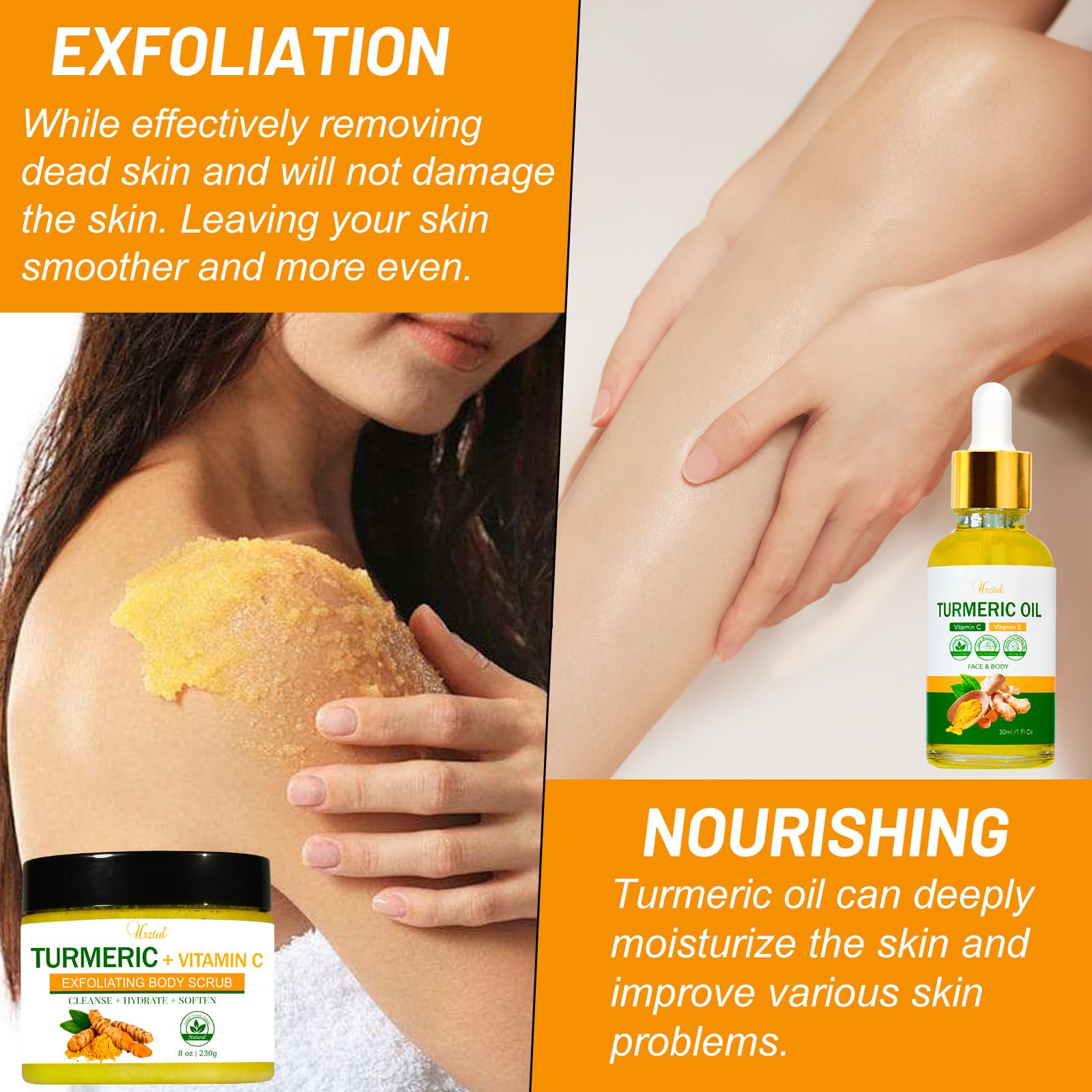 URZTUL Turmeric Scrub packaging displaying vegan, alcohol-free formula