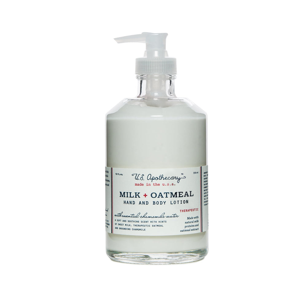 Packaging of US Apothecary Milk & Oatmeal lotion in a gift box