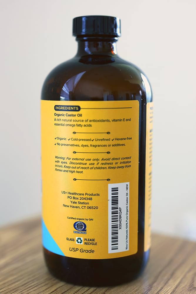 Us Naturals Castor Oil made in USA labeling emphasizes quality control.