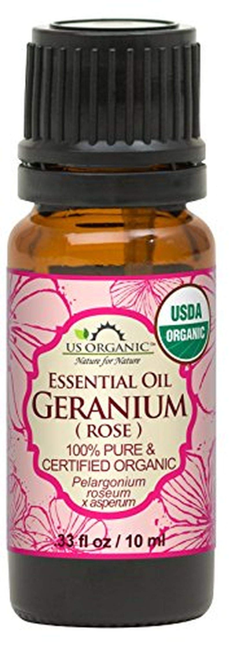 US Organic rose geranium essential oil bottle for aromatherapy and skin care applications