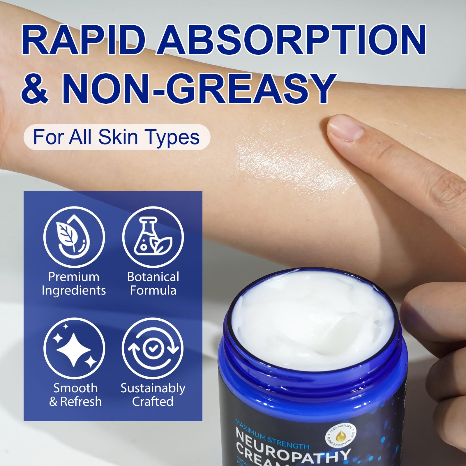 USBSREGARDS Neuropathy Cream texture close-up highlighting lightweight, quick-absorb formula