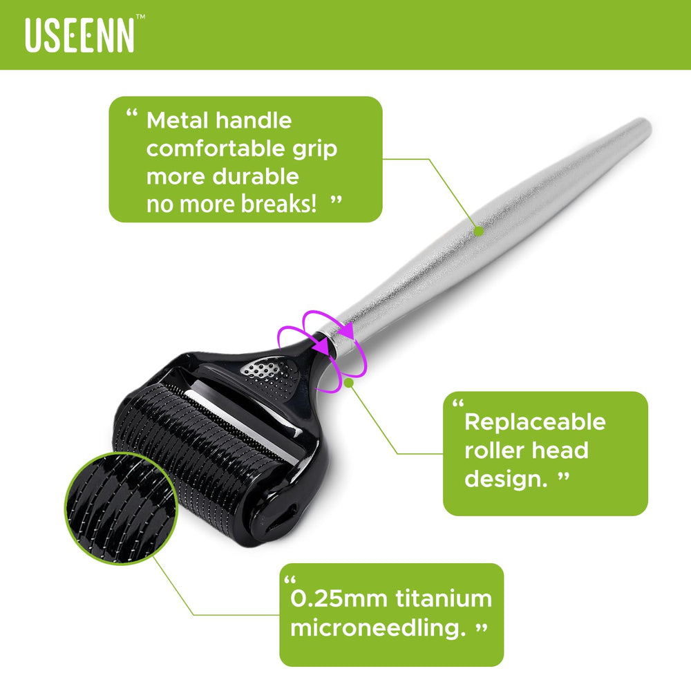 Useenn Ultra Wide Derma Roller with weighted metal handle for precise control.