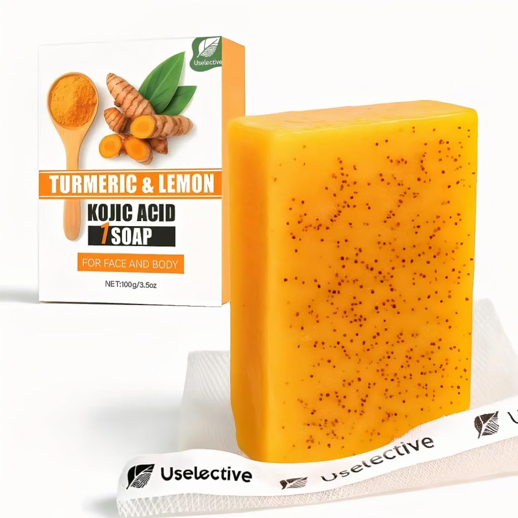 Uselective turmeric-lemon glow soap bar packshot shows brightening formula for even tone