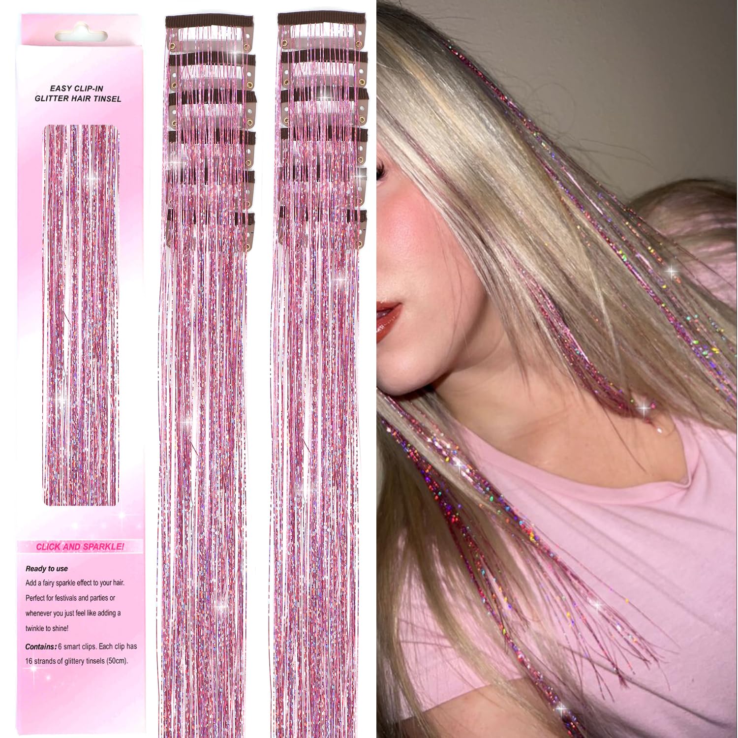 USHUIUS hair tinsel clip-in 12pcs in pink adds instant sparkle to your hair.