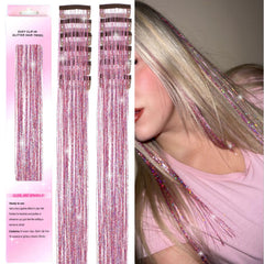 USHUIUS hair tinsel clip-in 12pcs in pink adds instant sparkle to your hair.