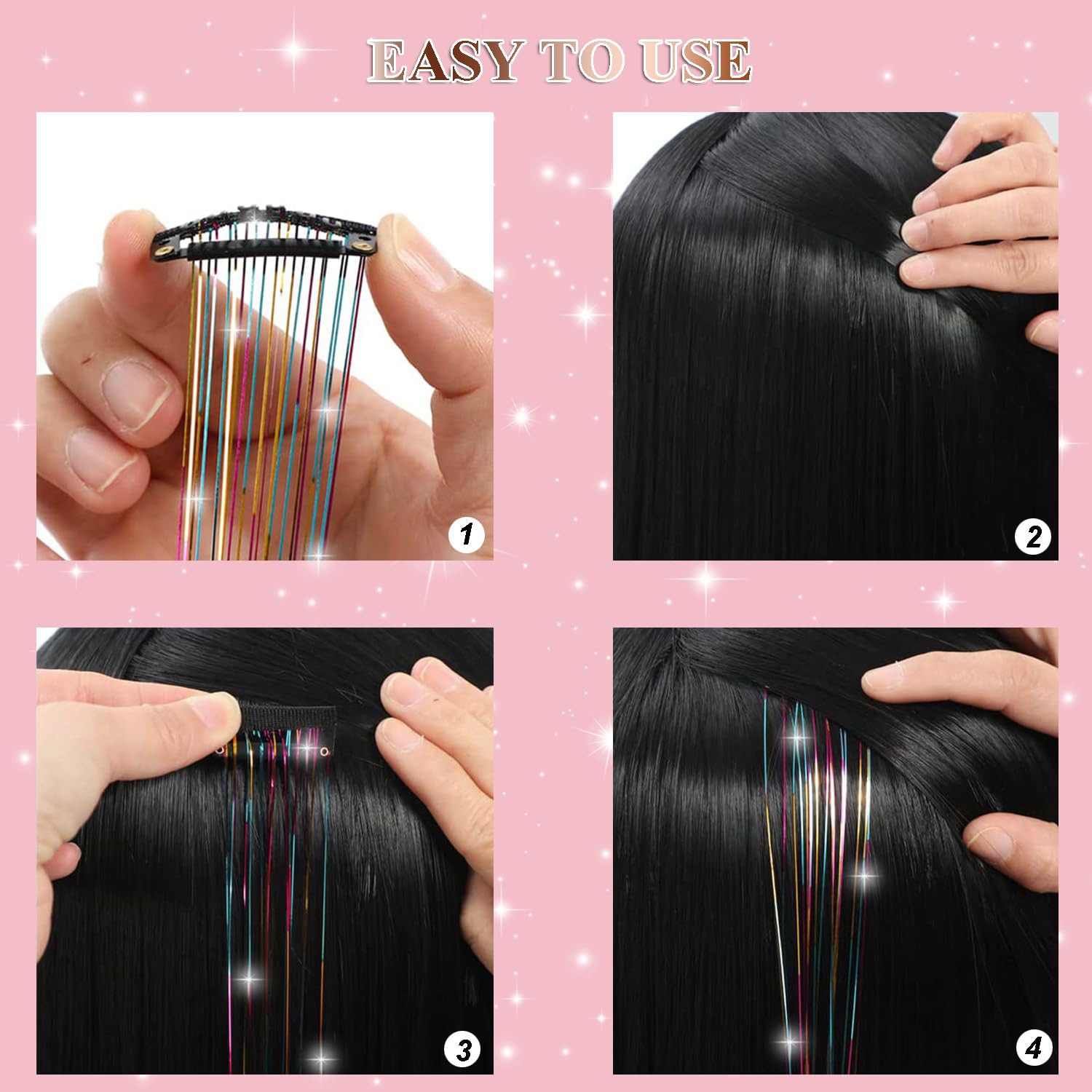 USHUIUS holographic pink tinsel extension adds luminous shine to any hairstyle.