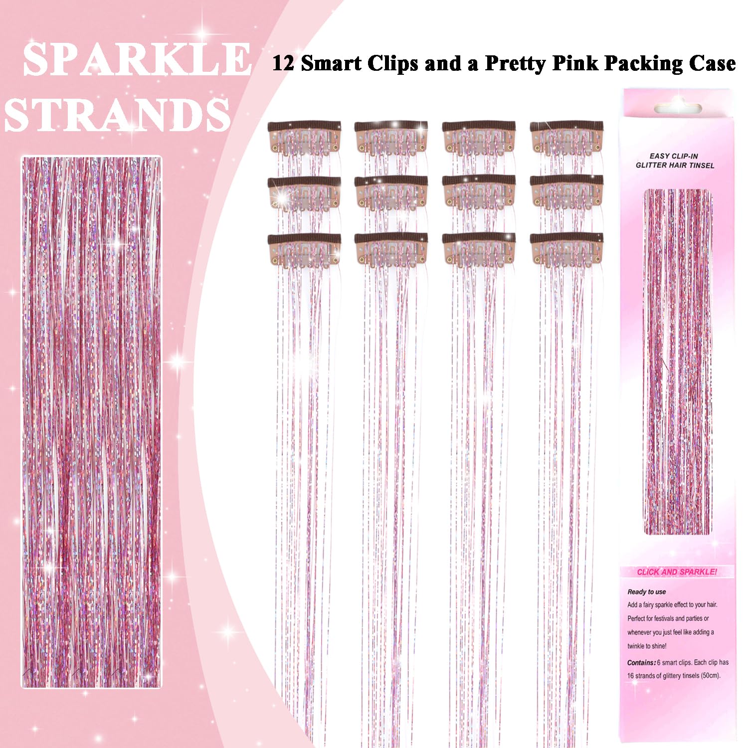 USHUIUS pink glitter hair tinsel clip for quick daily glam and festival looks.