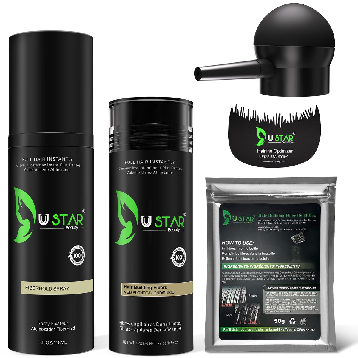 USTAR hair-building fibers 27.5g bottle blending for a fuller look.
