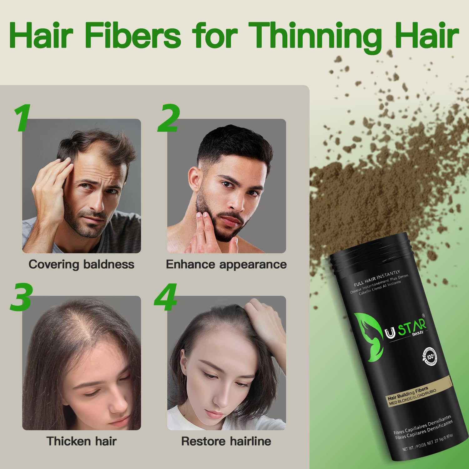 USTAR hair-fiber-applicator enabling precise, even placement on thinning areas.